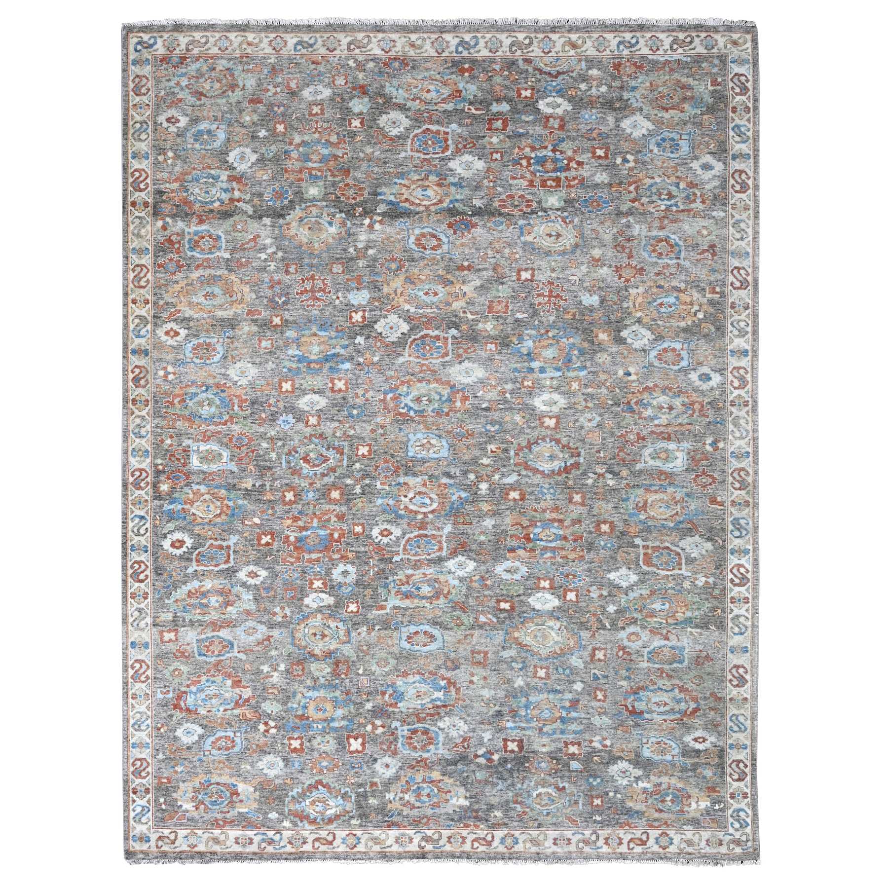 Mocha Brown, Antiqued Persian with Ziegler Mahal Design, Oxidized, Zero Pile, Distressed, Shaved Low, 100% Wool, Hand Knotted, Oriental Rug